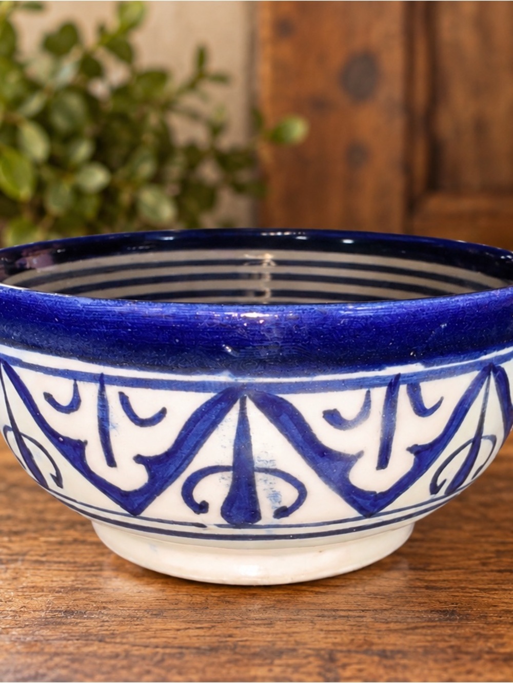 Vintage Fes Morocco Naji Pottery Small Bowl Hand Painted Blue White 3”